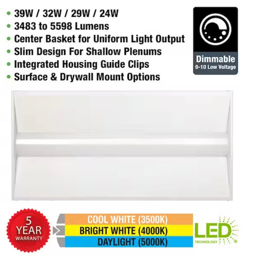 2 ft. x 4 ft. Center Basket LED Troffer Light 39W/32W/29W/24W Dimmable 5850 Lumens 3500K 4000K 5000K 120-277V DLC
