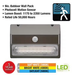 120 Degree 9 in. Bronze Motion Sensing Outdoor Dusk to Dawn LED Security Light Wall Pack 2350 Lumens 3000K 4000K 5000K