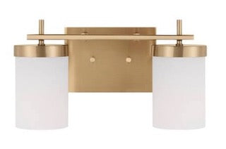 Zire 14 in. 2-Light Satin Brass Dimmable Bath Vanity Light with Etched White Glass Shades
