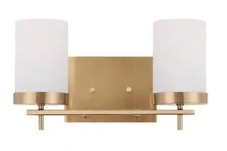 Zire 14 in. 2-Light Satin Brass Dimmable Bath Vanity Light with Etched White Glass Shades