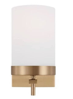 Zire 4.375 in. 1-Light Satin Brass Dimmable LED Bath Vanity Light with Etched White Glass Shade