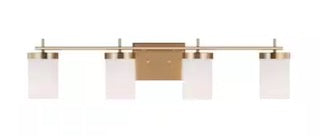 Zire 34 in. 4-Light Satin Brass Dimmable Bath Vanity Light with Etched White Glass Shades