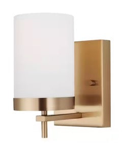 Zire 4.375 in. 1-Light Satin Brass Dimmable LED Bath Vanity Light with Etched White Glass Shade
