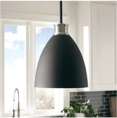 Varus 10.5 in. W 1-Light Matte Black Metal Modern Industrial Pendant with Brushed Nickel Accent and White Inner Shade