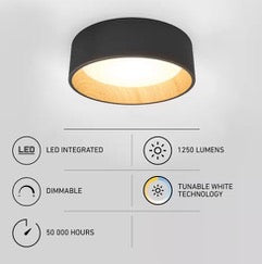 Artika Alton 13 in. 1-Light Black & Wood Integrated Selectable LED Modern Flush Mount Ceiling Light for Kitchen and Hallway