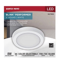 Satco Nuvo Blink Performer - 8 Watt LED, 5 Inch Circle Fixture, White Finish, 5 CCT Selectable