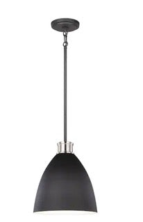 Varus 10.5 in. W 1-Light Matte Black Metal Modern Industrial Pendant with Brushed Nickel Accent and White Inner Shade