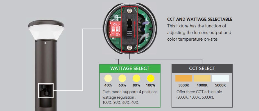 Bollard Light, 26W, 3050 Lumens, Color and Wattage Selectable, 120-277V, Dimmable